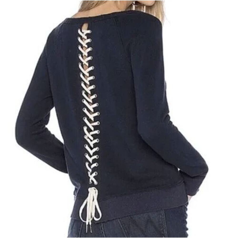 A5 NEW PAM & GELA Navy Cotton Lace Up Back Long Sleeve Sweatshirt Size P
